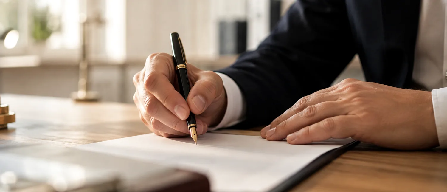 Anwalt unterzeichnet ein Schriftstück, im Hintergrund eine Justitia-Waage
