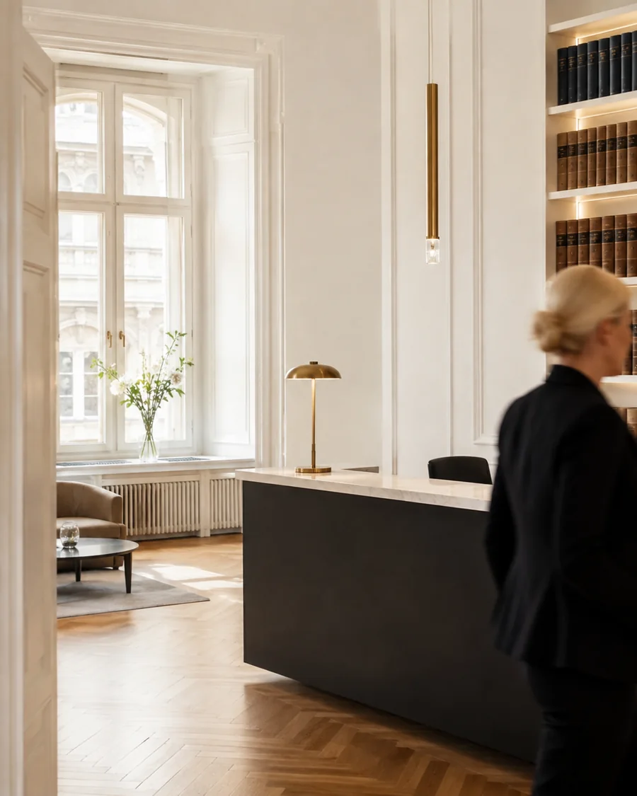 Empfangsbereich der Kanzlei mit hohem Altbaufenster und Fischgrätparkett