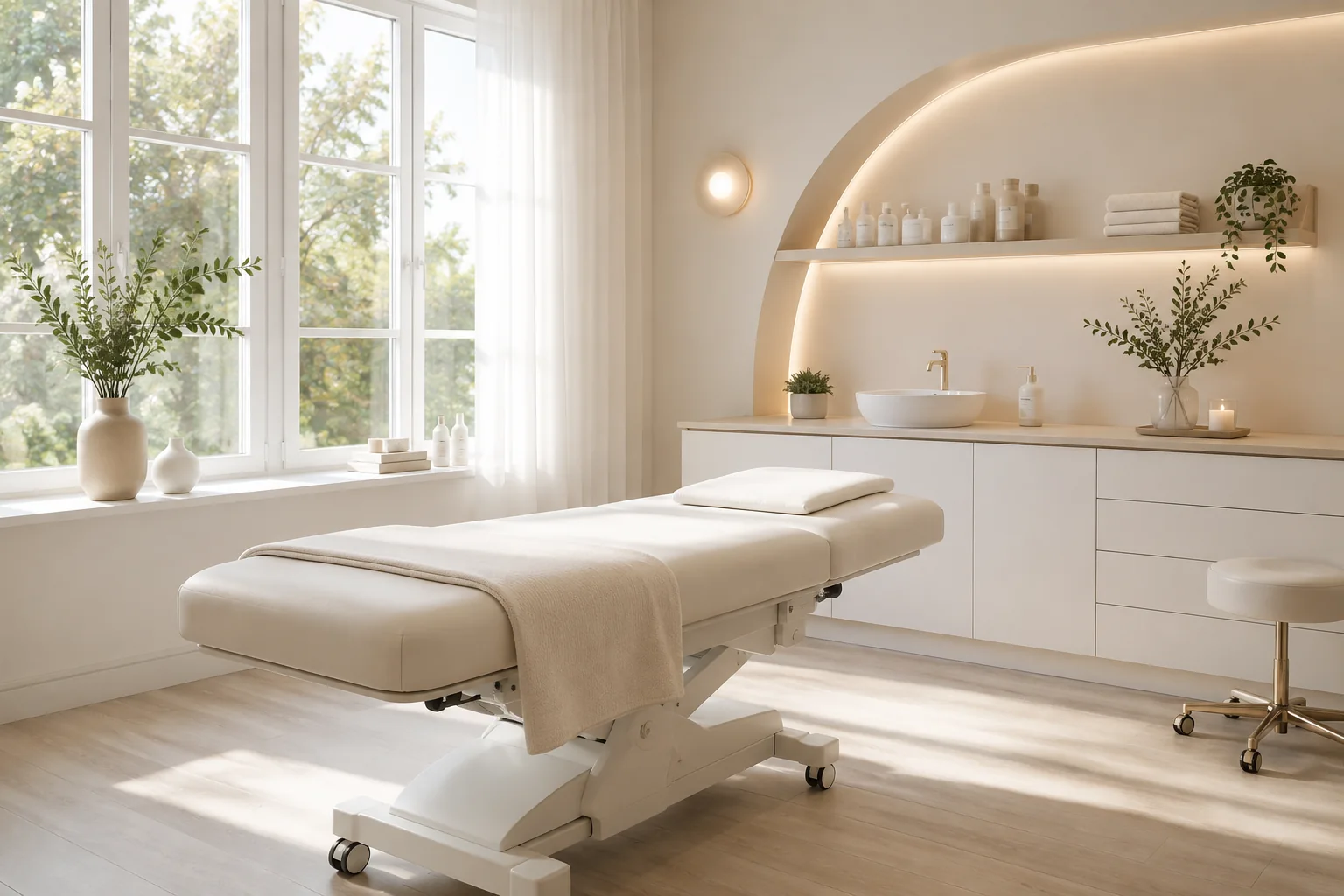 Heller Behandlungsraum der Praxis mit Therapieliege am Fenster