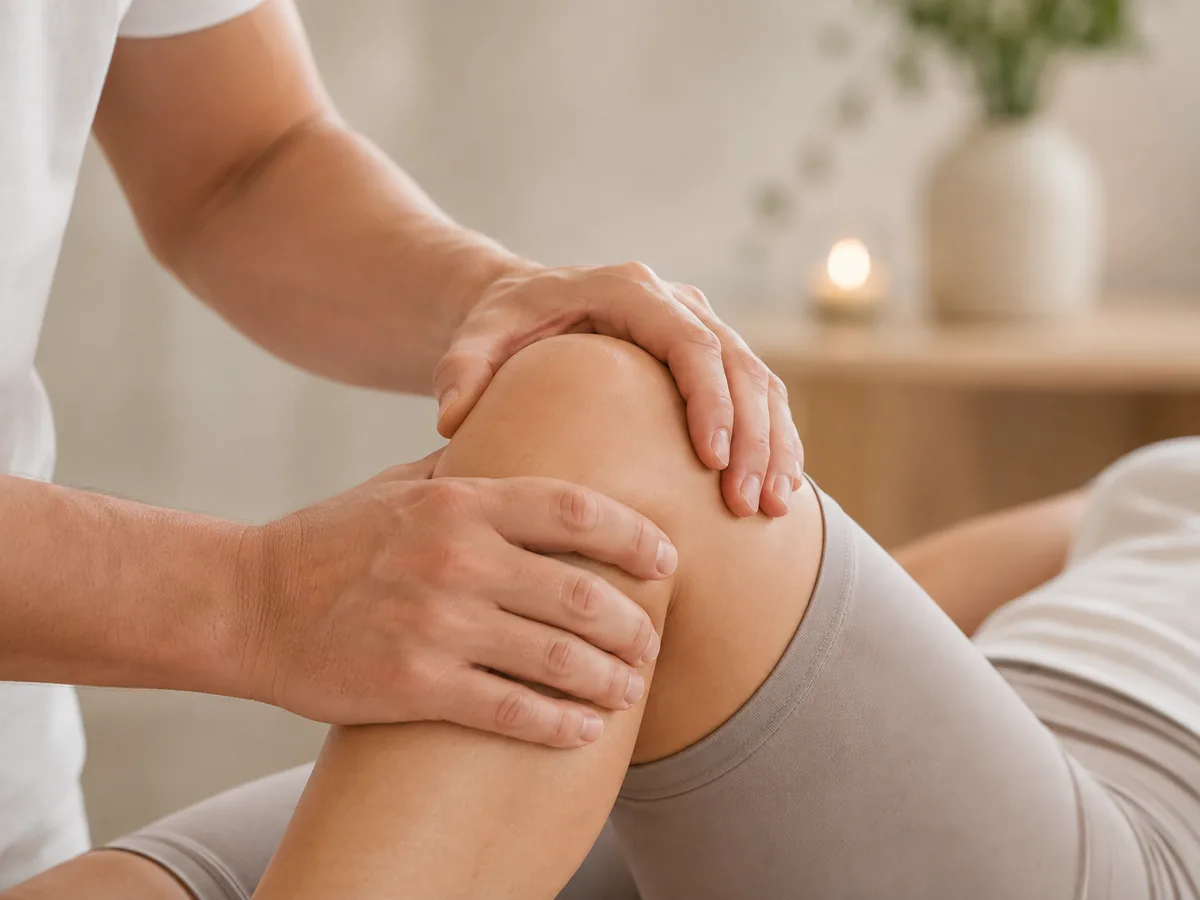 Sanfte Griffe am Knie während der Behandlung