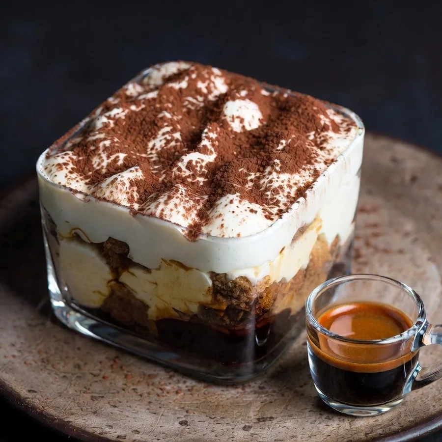 Tiramisù of the Osteria dusted with cocoa