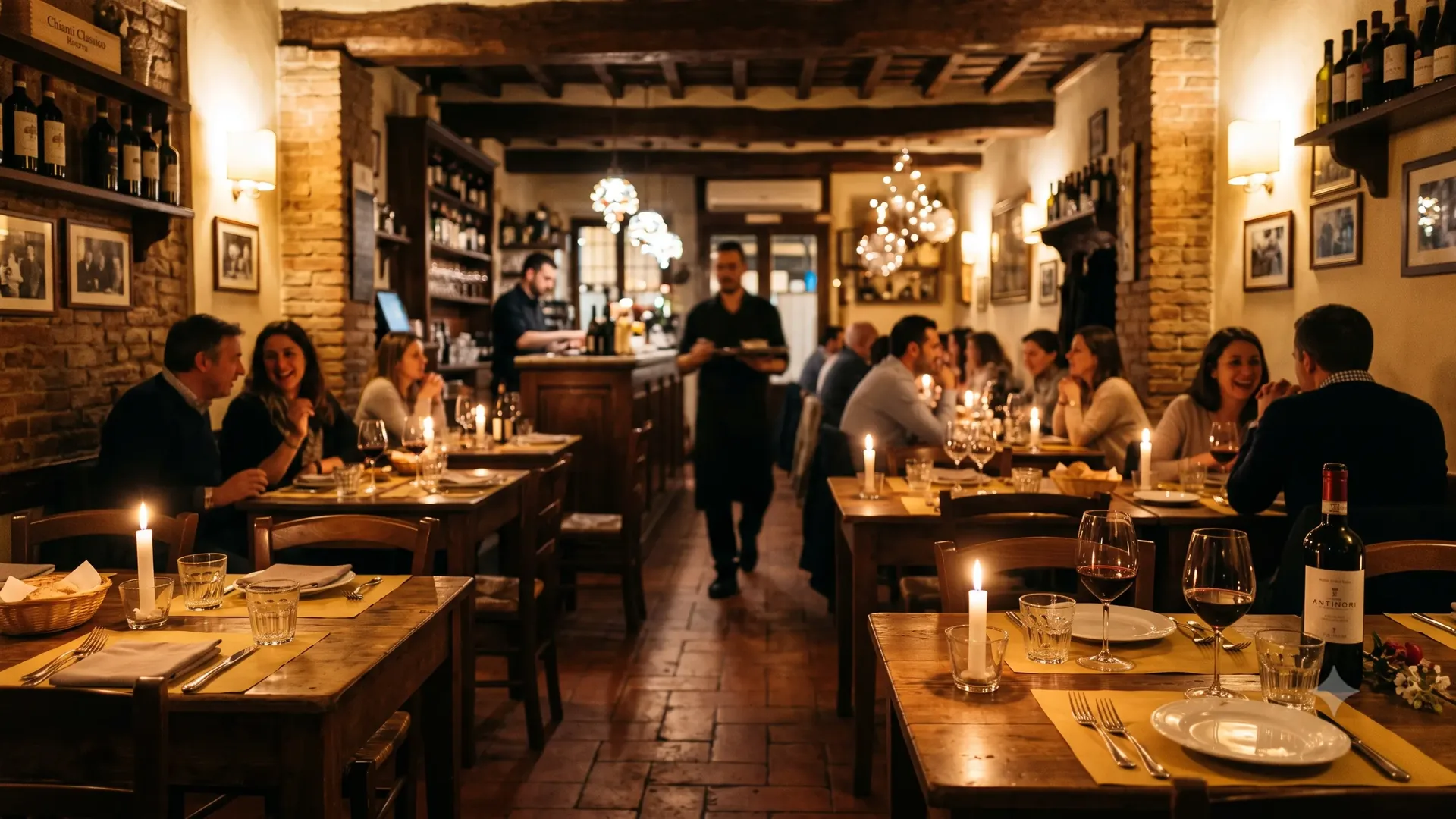 Dining room of Osteria Fiore in the evening, candlelight on set tables