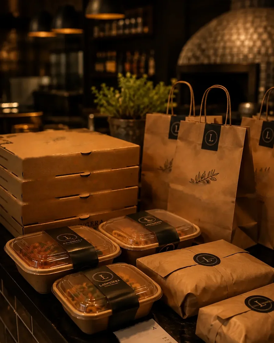 Packed dishes from the Osteria, ready to go out