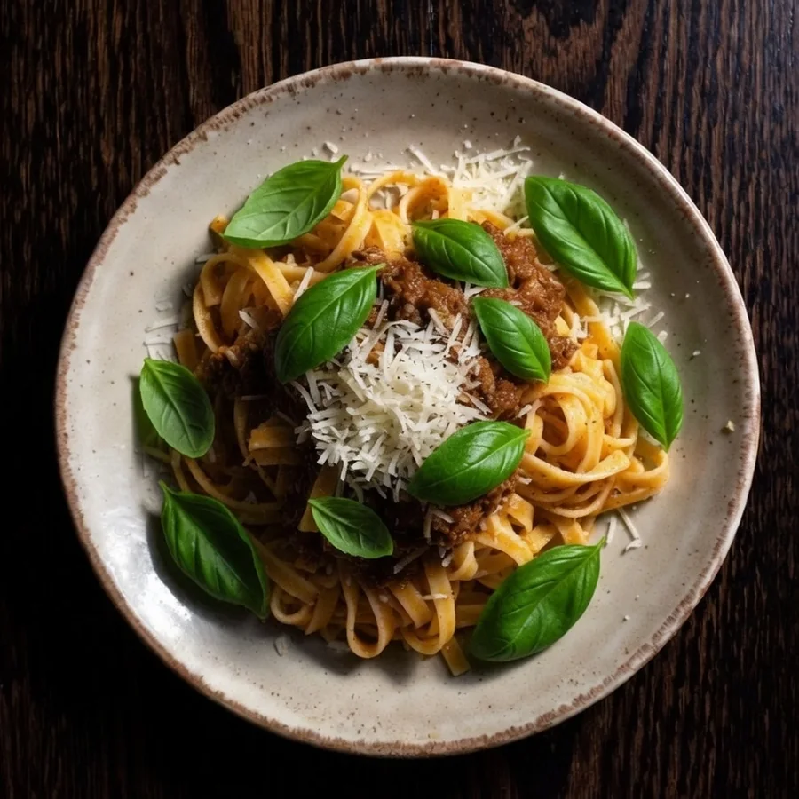 Tagliatelle al ragù on a dark wooden table